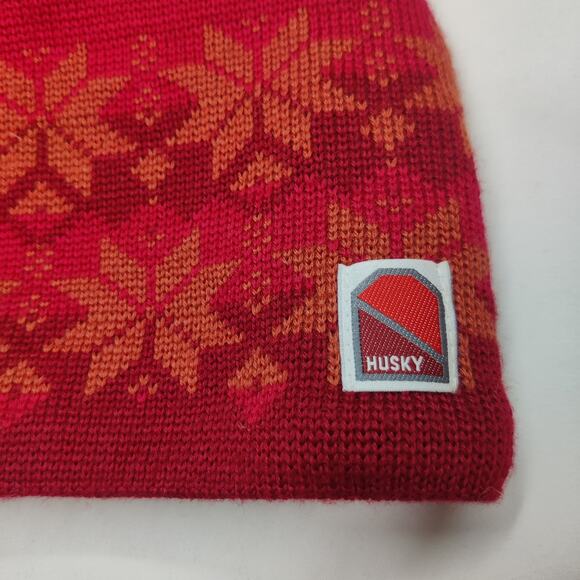 Vtg Husky 3 peak Pom Pom Red Snowflake Fair Isle Ski Hat Beanie Made in Finland - Picture 2 of 8